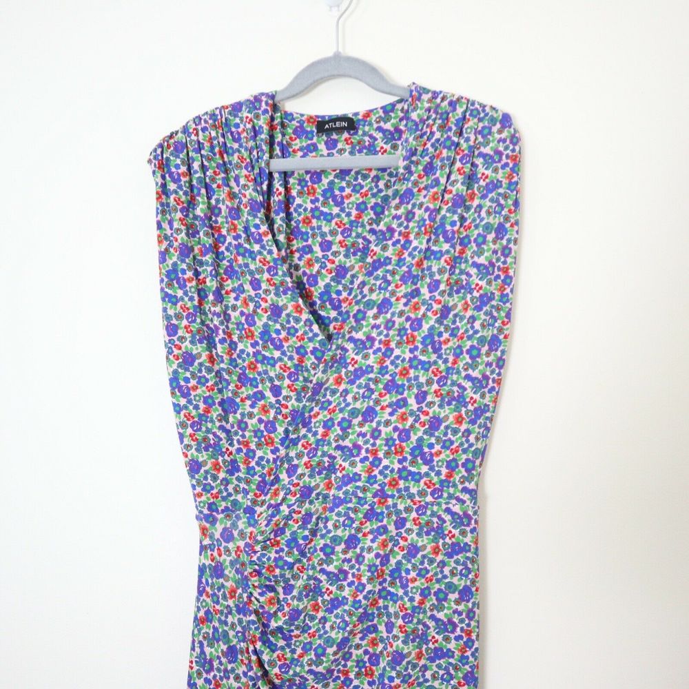 Atlein Size 34 US 2 Floral Print Jersey Dress Midi Ruched Slit Leg V Neck - Picture 2 of 11